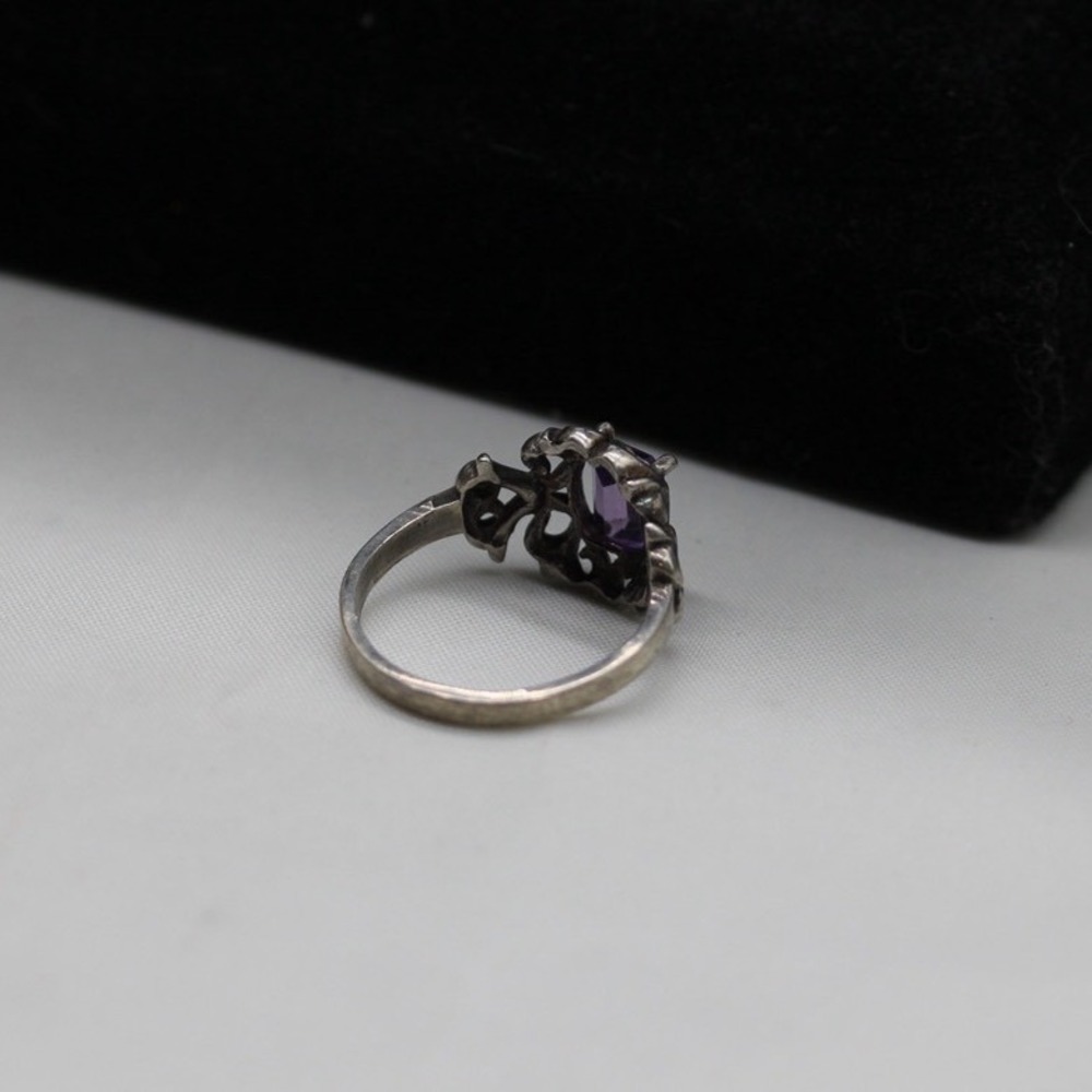 Vintage Sterling Silver Amethyst Filigree Ring Emerald Cut Gothic Scroll Sz 6.5 - Picture 6 of 9